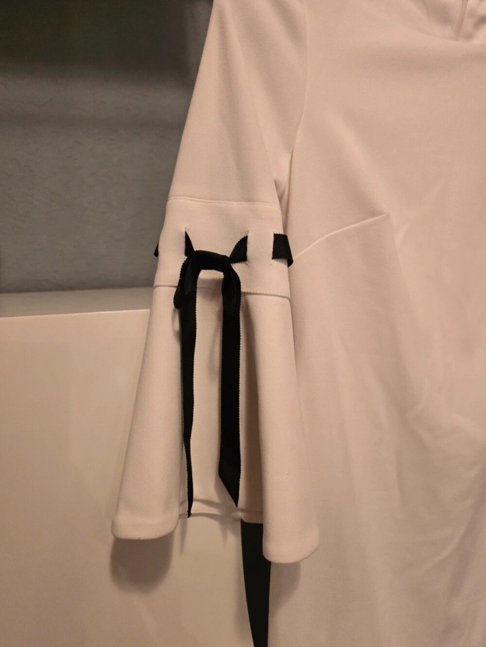 Calvin Klein White Midi Sheath Dress with Black Ribbon Sleeves [2] - Picture 2 of 8